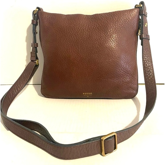 Fossil Brown distressed crossbody Leather Bag with Gold Accents - Picture 1 of 11